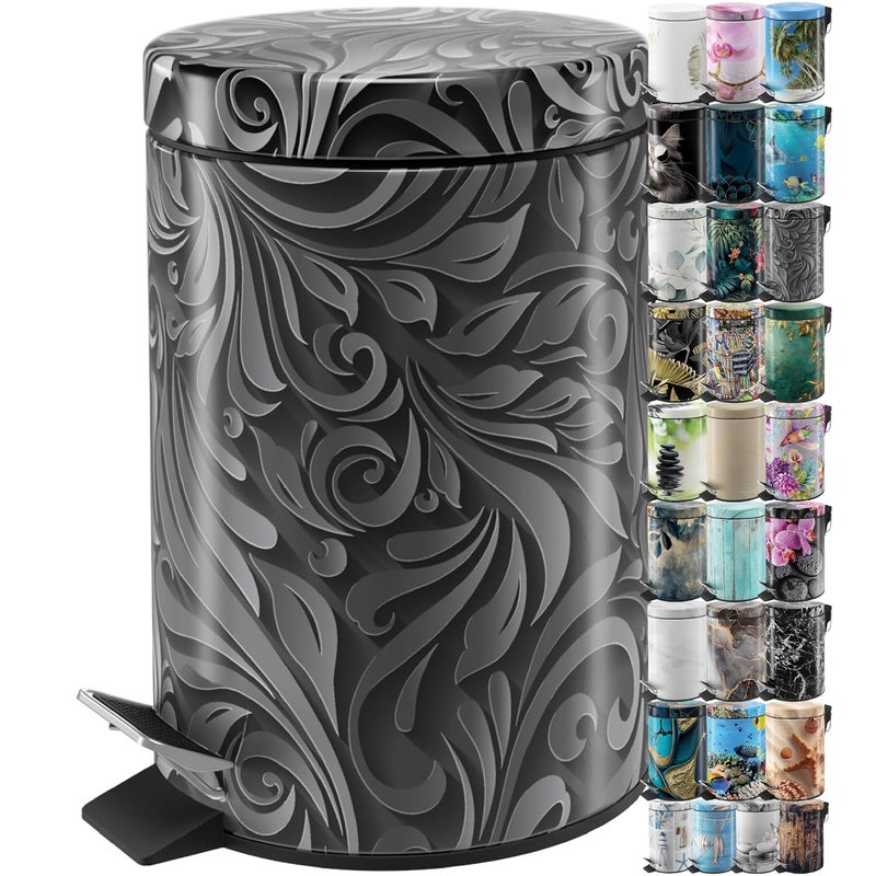 Sanilo Small Bathroom Trash Can with Lid [1.3 Gallon] - Lidded Tiny Trashcan for Garbage - Mini Metal Bin with Soft Closing Mechanism - Bath Room Accessoire Wastebin with Inner Bucket (Floral) - Image 1